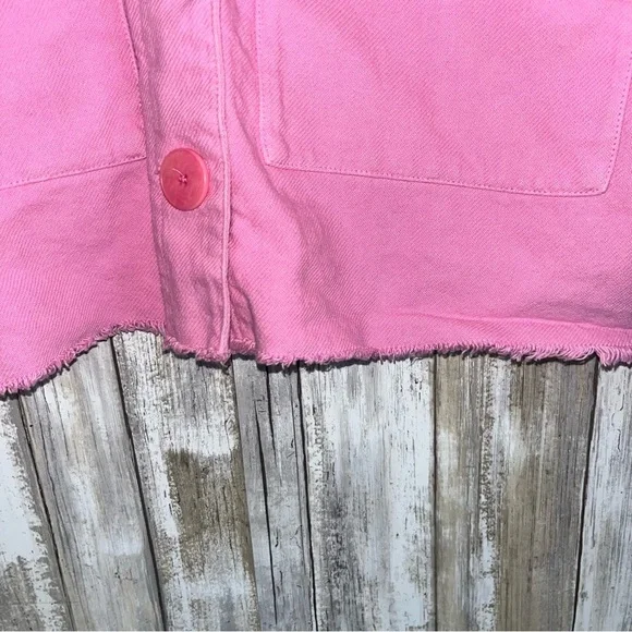 Zara Pink Cropped Denim Jacket Raw Hem Boxy Utility Jean Jacket Women’s S - Picture 3 of 8